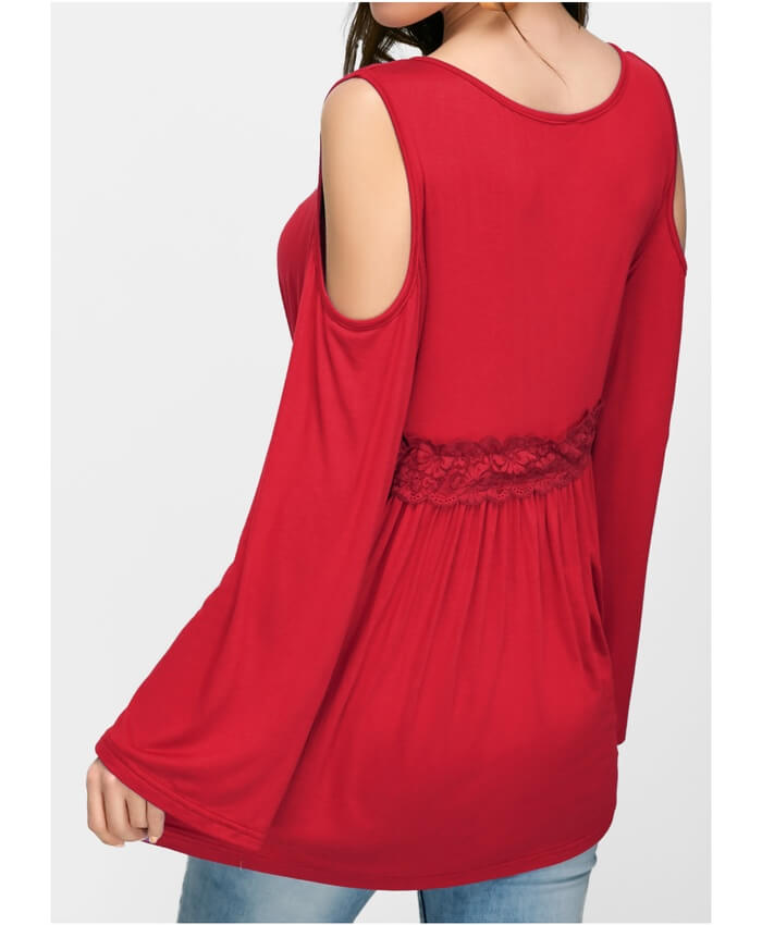 Lace Up Long Sleeve Cold Shoulder Burgundy Blouse